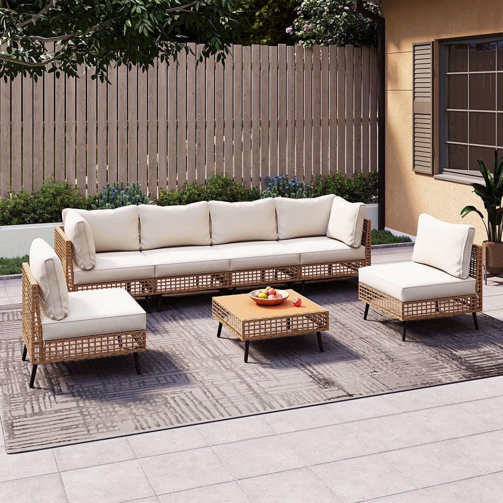 LAUSAINT HOME Brown 7-Piece Wicker Patio Conversation Set with