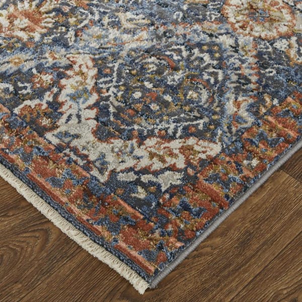 2 ft. x 12 ft. Ivory, Blue, Brown Floral Runner Rug