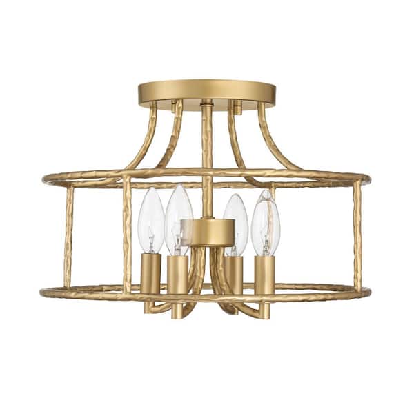 Silversadge 14 in. 4-Light Vintage Gold Hammered Metal Semi- Flush