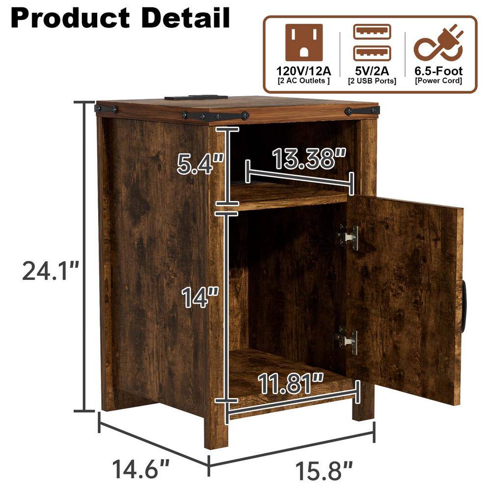 Brown Farmhouse Nightstand Set with Charging Station and Barn Door