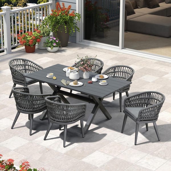 PURPLE LEAF 7-Piece Aluminum All-Weather PE Rattan Rectangular Outdoor Dining Set with Cushion, Gray
