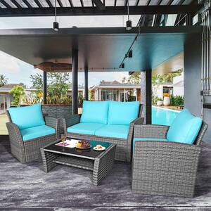 4-Pieces Wicker Patio Conversation Set Sofa Table with Storage Shelf and Turquoise Cushion