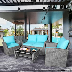 4-Pieces Wicker Patio Conversation Set with Turquoise Cushions