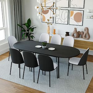 Tule 9-Piece Dining Set Black Steel with 8 Velvet Seat Dining Chairs and 83 in. Oval Dining Table, Black/Platinum Blue