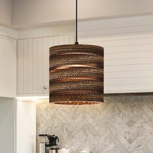 100-Watt 1-Light Brown Natural Pendant Light with Nordic Style Cylinder Paper Shade for Dining Table, No Bulbs Included