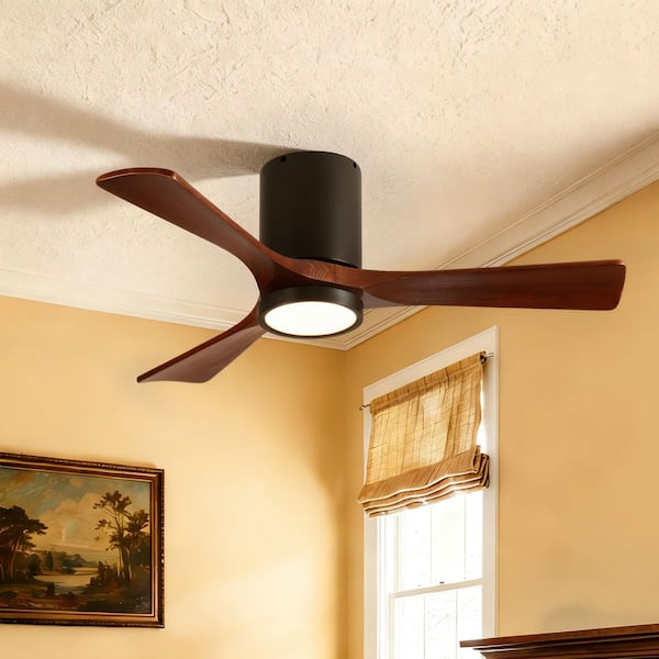42 in. Smart Black 6-Speed Solid Wood Brown Blade Flush Mount Ceiling Fan with 3-Color LED Light and APP, Remote Control