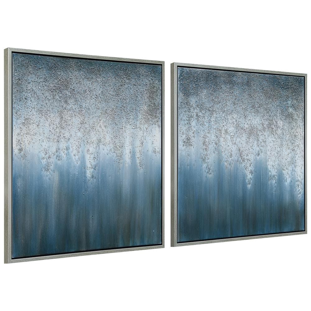 Large Blue and Silver Abstract Canvas Painting with Metallic Accents