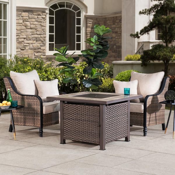 Pollack Outdoor Patio Brown 38 in. Square All-Weather Wicker Ceramic Tile Top Propane Burning Fire Pit Table