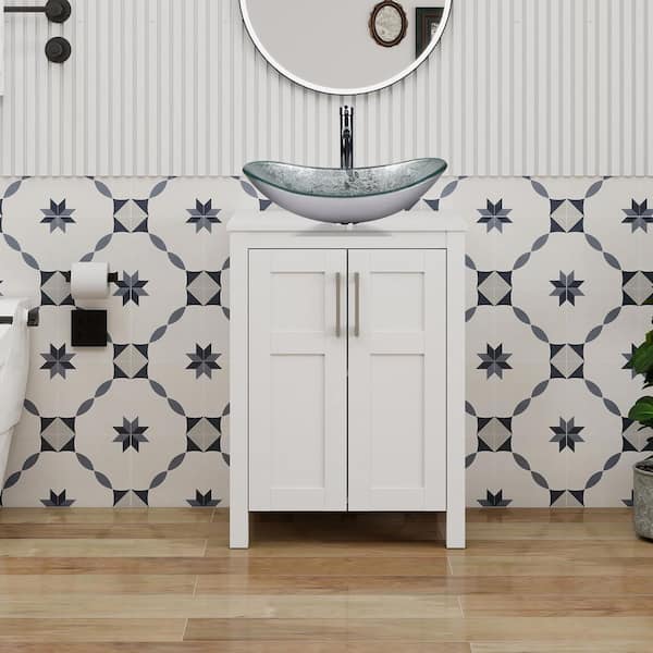 24 in. W x 18.1 in. D x 31.7 in. H Single Sink White Bath Vanity with White Solid Surface Top Silver Sink