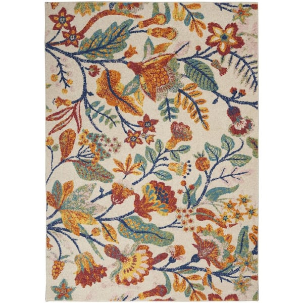 4 ft. x 6 ft. Orange Cream and Green Floral Area Rug