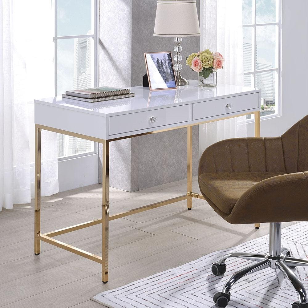 Contemporary White High Gloss 52" Office Desk with Gold Accents