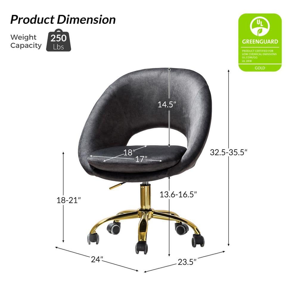 Ergonomic Swivel Task Chair in Black Velvet with Golden Metal Legs
