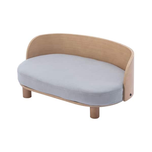 maocao hoom Small Size light Gray Solid Wood Dog Bed with Solid Wood Legs and Bent Wood Back, Velvet Cushion