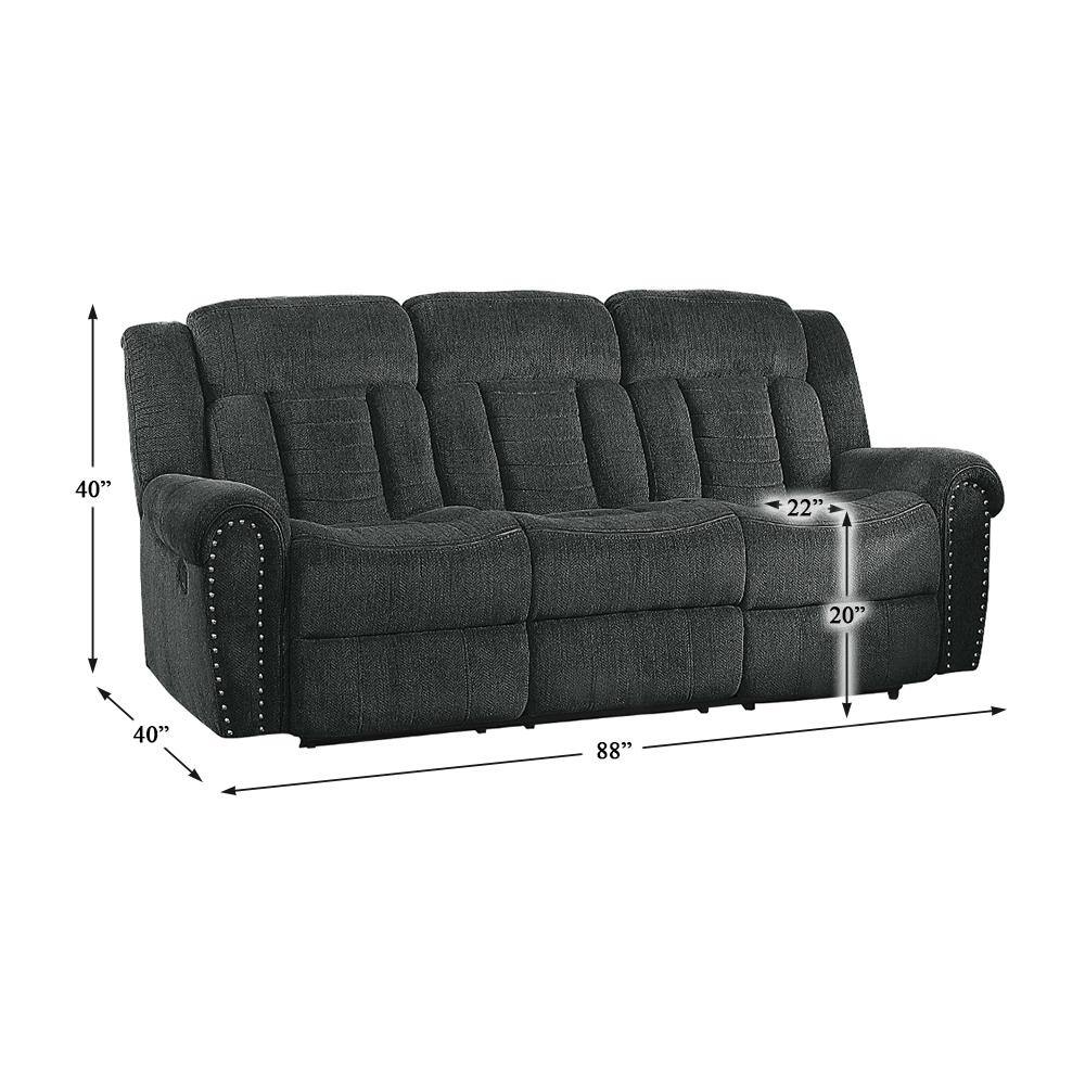 Transitional Charcoal Gray Fabric Reclining Sofa with Nailhead Accents