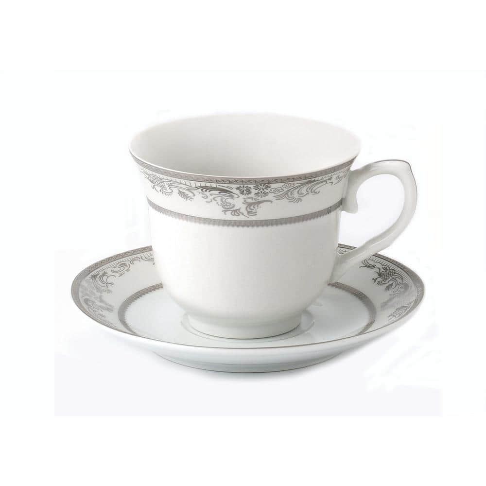 Elegant Silver Floral Porcelain Tea Cups and Saucers Set, 8 oz, Set of 4