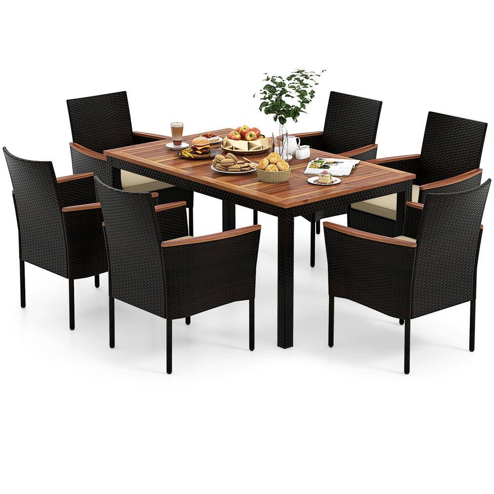 7-Piece Brown Acacia Wood and Rattan Dining Set with Beige Cushions