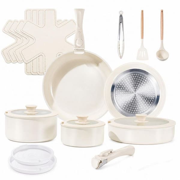 19-Piece Ceramic Cookware Set with Detachable Handles, Nonstick Pots, Induction Dishwasher and Oven Safe, Cream White