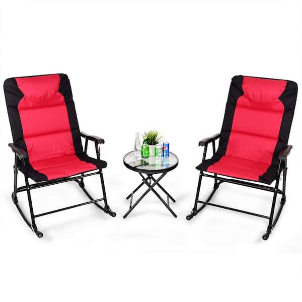 SUNRINX 3-Piece Metal 2 Folding Outdoor Rocking Chair Bistro Set with Black and Red Cushion