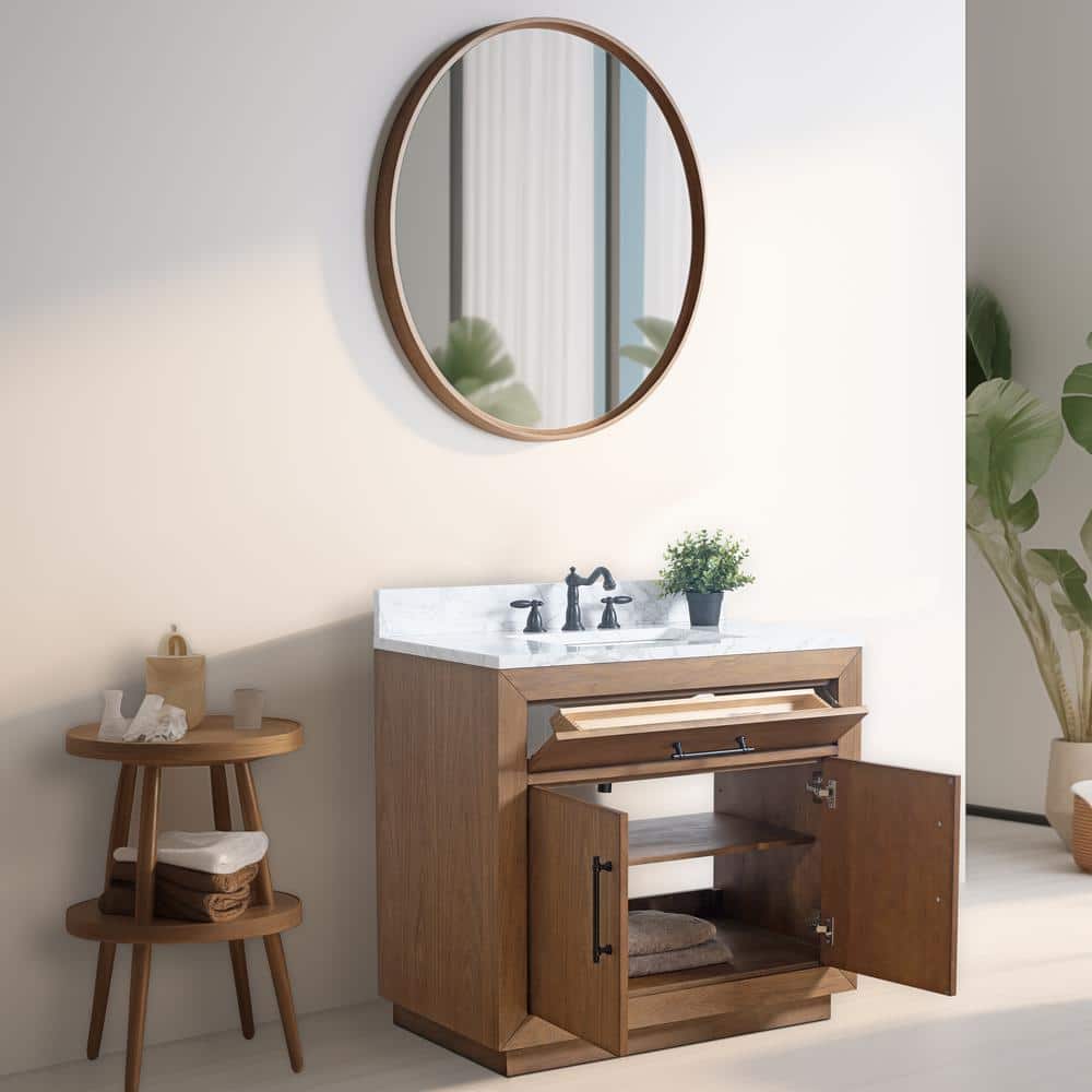 36" Tan Poplar Wood Bathroom Vanity with White Marble Top