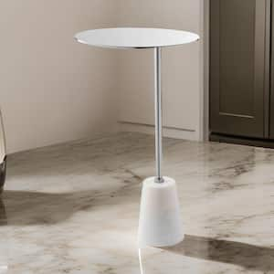 12 in. White and Chrome Oval Marble End Table with Cone Base and Metal Frame