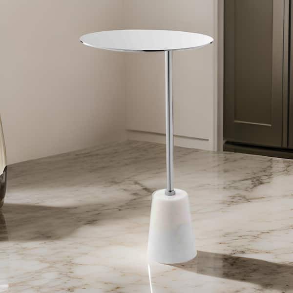 Benjara 12 in. White and Chrome Oval Marble End Table with Cone Base and Metal Frame