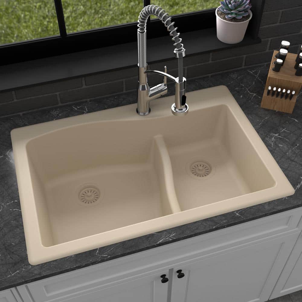 Karran Drop-In Quartz Composite 33 in. 1-Hole 60/40 Double Bowl Kitchen Sink in Bisque -  QT-630-BI