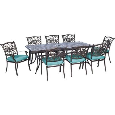 Traditions 9-Piece Aluminum Outdoor Patio Dining Set with Blue Cushions