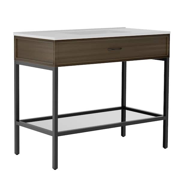 Arya 36 in. W Freestanding Single Sink White Bath Vanity with White Solid Surface Top and Black Legs