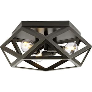 Saucedo Collection 3-Light Architectural Bronze Modern 14.6 in. Flush Mount