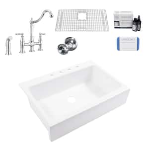 Josephine 34 in. 4-Hole Quick-Fit Farmhouse Apron Front Drop-in Single Bowl White Fireclay Kitchen Sink with Faucet Kit
