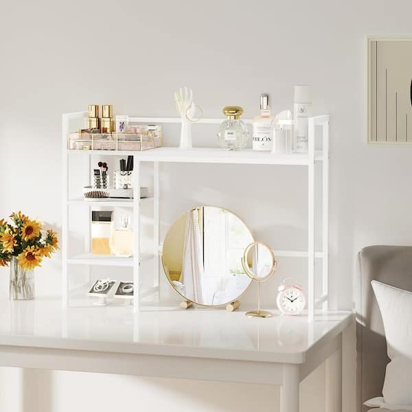 White 38.6 in. x 30 in. Wood Desk Accessories, White Metal Frame Wide Computer Desk Bookcase w/ 3-Tier Shelf and Hutch