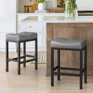 24 in. Dark Grey Cushioned Backless Faux Leather Saddle Bar stools with Black Metal Frame (Set of 2)