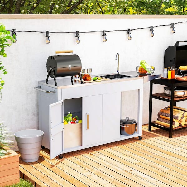 Outsunny White Outdoor Grill Table with Stainless Steel Sink and