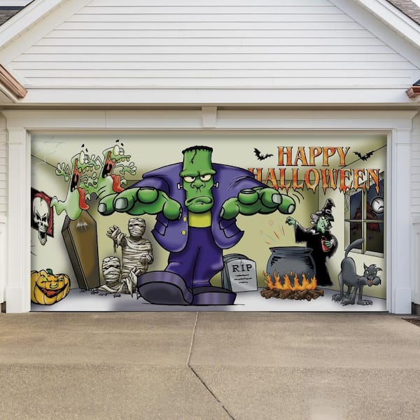 7 ft. x 16 ft. Frank and Friends Outdoor Halloween Holiday Garage Door Decor Mural for Double Car Garage