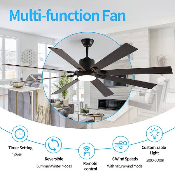 72 in. Outdoor/Indoor Black Standard Downrod Mount Ceiling Fan with Light and Remote Control