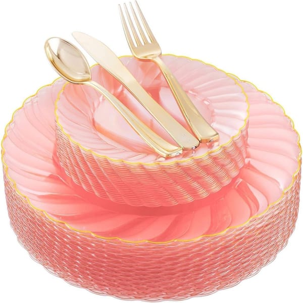 125-Piece Pink Scalloped Plastic Dinnerware Set Include 50 Plates, 75 Gold Silverware, Service Set for 25