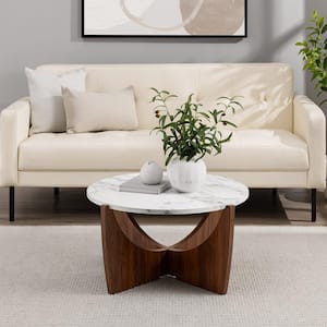 Modern 28 in. Calacatta Marble and Dark Walnut Round Wood Coffee Table with Arched Intersecting Legs