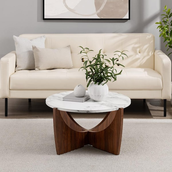 Welwick Designs Modern 28 in. Calacatta Marble and Dark Walnut Round Wood Coffee Table with Arched Intersecting Legs