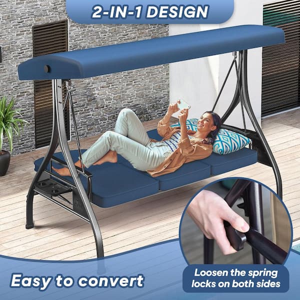 APPLE HOUSE タンス ZZW 3-Seat Metal Patio Swing with Adjustable Backrest Canopy Blue