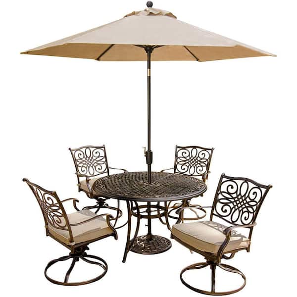 Hanover Traditions 5-Piece Outdoor Patio Dining Set and Umbrella with Natural Oat Cushions