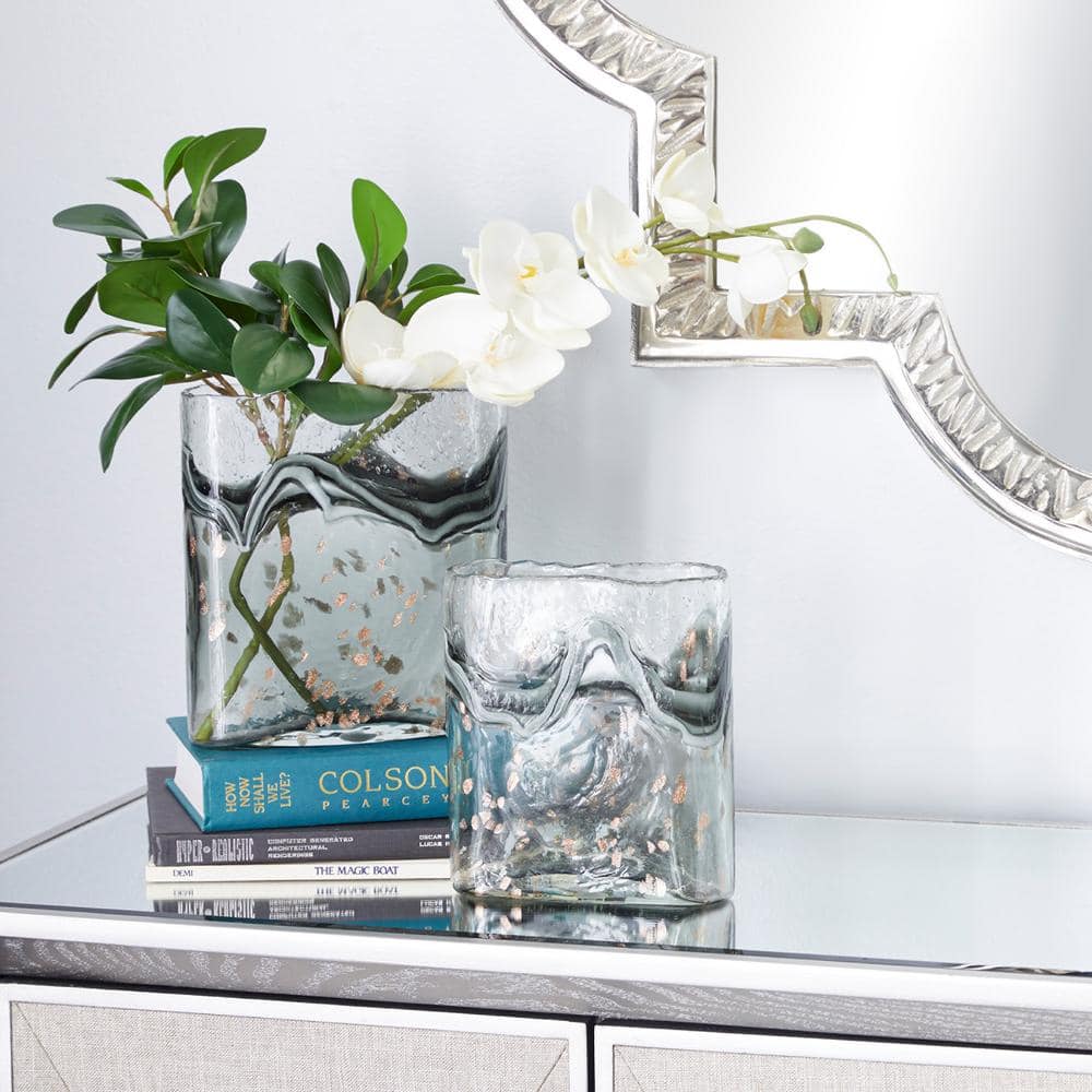 Elegant Gray Glass Vase Duo with Speckled Wave Design