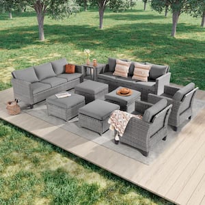 9-Piece Gray Wicker Outdoor Seating Sofa Set with Coffee Table, Gray Cushions