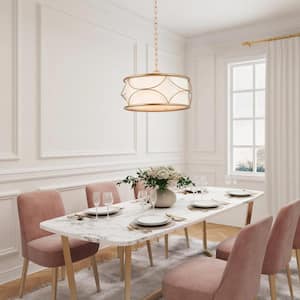 Mid-Century Modern Dining Room Chandelier 3-Light Gold Drum Chandelier with White Fabric Shade