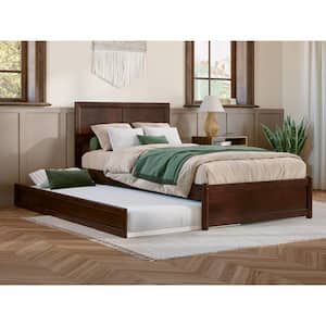 Lylah Walnut Brown Solid Wood Frame Twin XL Platform Bed with Panel Footboard and Twin XL Trundle
