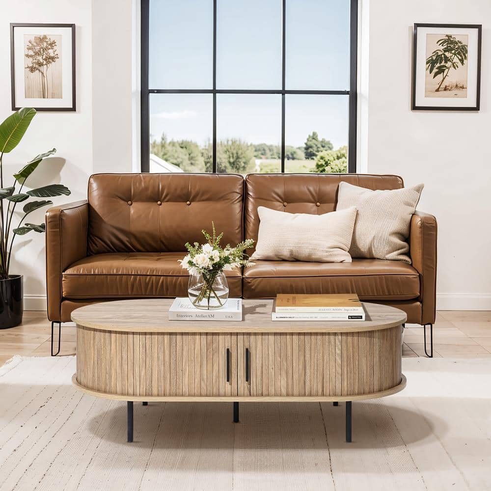 Mid-Century Modern Oval Oak Coffee Table with Storage
