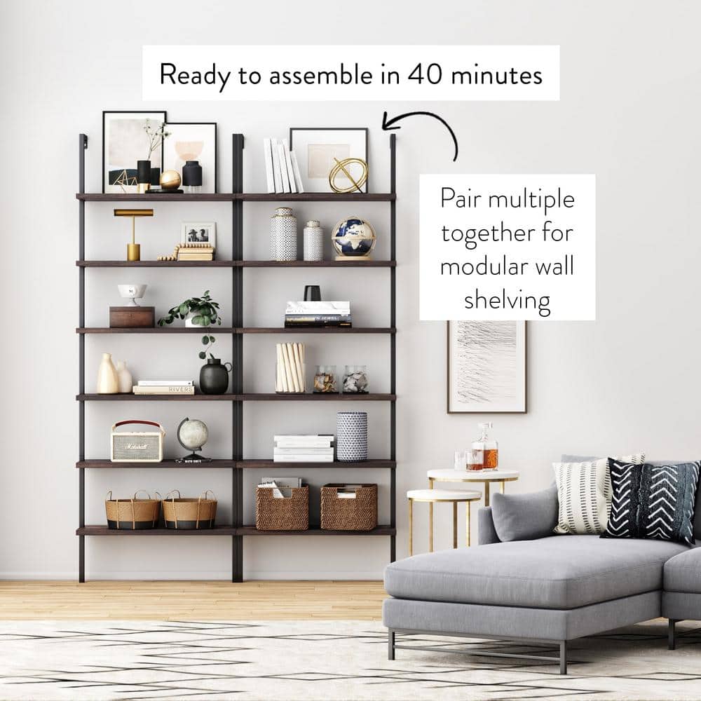 Theo 6-Tier Nutmeg & Matte Black Industrial Ladder Bookshelf