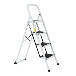 4 ft. Reach Hight Four Step Iron Ladder Foldable Non-slip Ladder Loading 330 lbs. for Home, Kitchen, Office, White