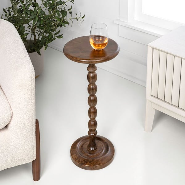 Augustus 11 in. Cottage Classic Spindle Wood Pedestal Round Drink Table and Decorative End Table, Dark Brown