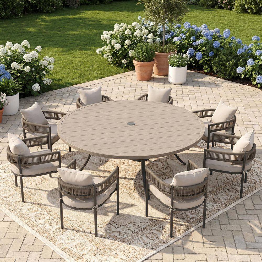 9-Piece Metal Outdoor Dining Set with 60 in. Gray Wood-Like Round Table and 8 Woven Rope Chairs with Cushions in White price history on PriceWatchPro