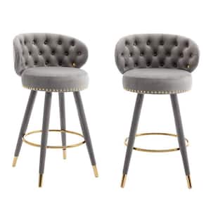 24.21. Modern Gray Velvet Wood Frame Swivel Counter Height Bar Stools with Tufted Backrest and Copper Nails Set of 2
